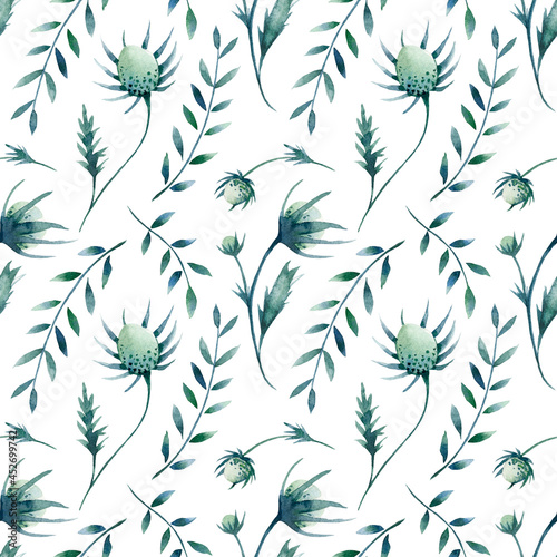 Seamless watercolor pattern with green flowers spines