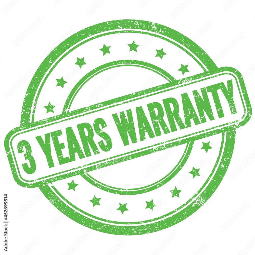 3 YEARS WARRANTY text on green grungy round rubber stamp. 3 YEARS WARRANTY text on green grungy round rubber stamp.