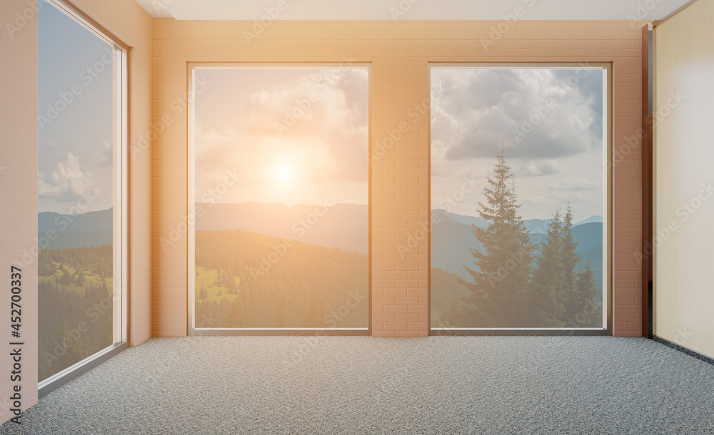 Naklejka premium Furniture set with table, chairs and devices. 3D rendering.. Sunset.