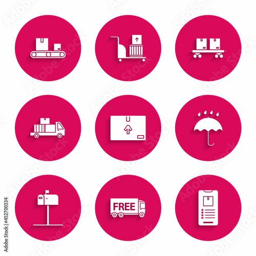 Set Cardboard box with traffic symbol, Mobile phone app tracking, Umbrella and rain drops, Open mail, Delivery truck cardboard boxes, Railway carriage and Conveyor belt icon. Vector