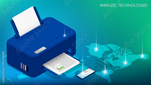 Wireless technology concept. Smartphone sends document to printer for printing using wireless network. Communication between digital devices. Vector