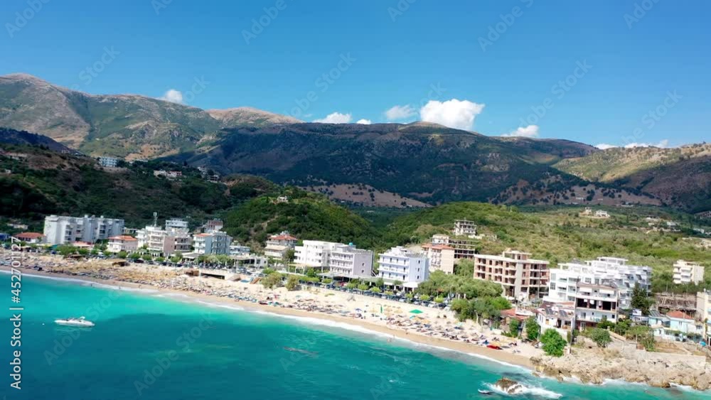 Birdseye view of Himara Beach and Adriatic Sea. Beautiful water Albania Riviera Birdseye view of Himara Beach and Adriatic Sea. Beautiful water Albania Riviera
