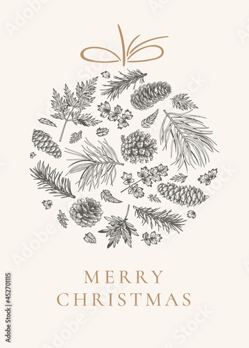 Christmas ball, isolated on white background. New Year card with fir and pine branches, cones. Black and White. © Anna