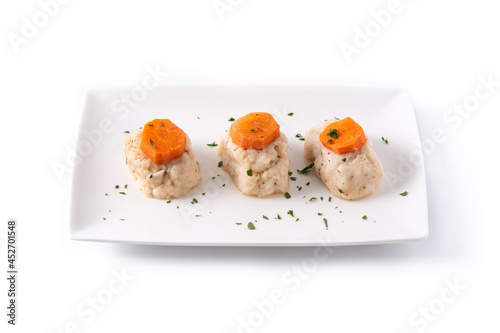 Traditional Jewish gefilte fish isolated on white background photo