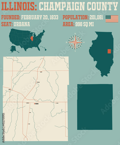 Large and detailed map of Champaign county in Illinois, USA.