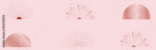 Sunset icons and logos in boho style .Trendy design elements  . Contemporary abstract vector striped geometric background pattern .Half sun symbols .