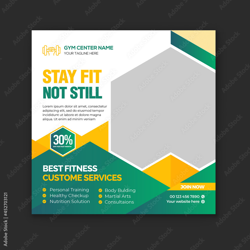 Naklejka premium Creative strong fitness and gym square banner and Instagram post template