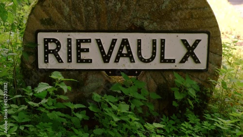 Village sign of Rievaulx, home to Rievaulx Abbey in the North York Moors National Park, Yorkshire, England, UK, dating back to 1132 photo