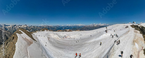 Aerial view of Europes highest skiable glacier at les 2 Alpes in the French Alps during summertime photo