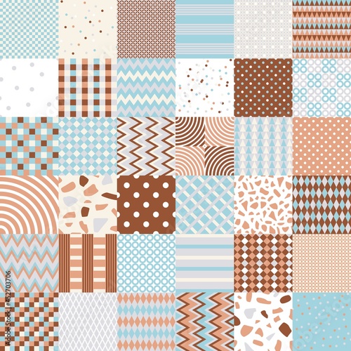 Patchwork seamless pattern in country style. Quilting design from square elements with geometric ornaments in brown and light blue colors. Print for fabric and textile.