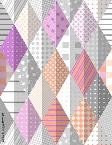 Seamless patchwork pattern of patches in the shape of a rhombus bent in half. Print for fabric in country style.