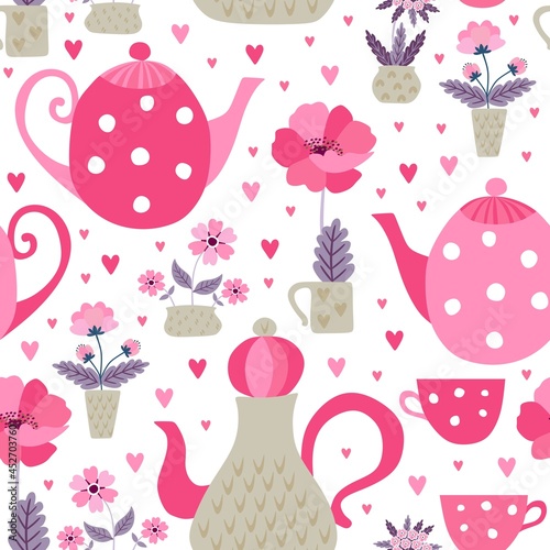 Cute seamless pattern of teatime. Teapots, teacups, flowers in pots, and hearts on white background. Romantic tea party.
