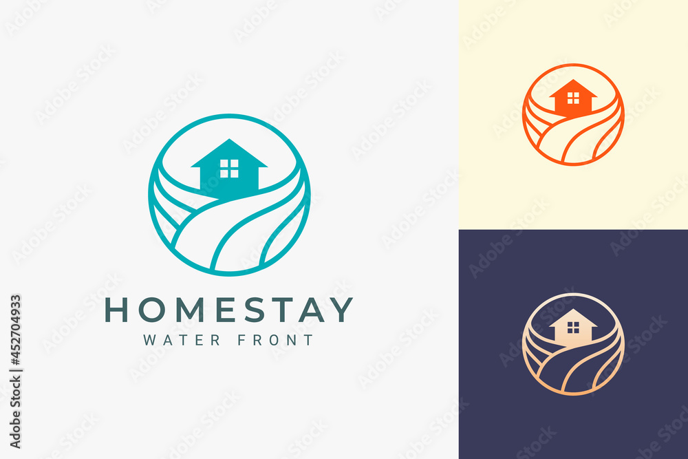 Beach theme resort or hotel logo with ocean wave and circle Beach theme resort or hotel logo with ocean wave and circle