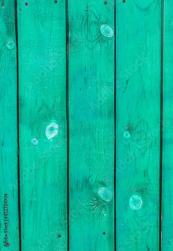 Green planks of the village fence. Vertical background