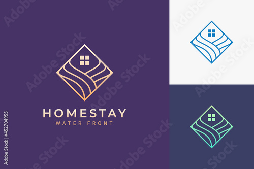Resort or hotel logo in simple rhombus and ocean wave
