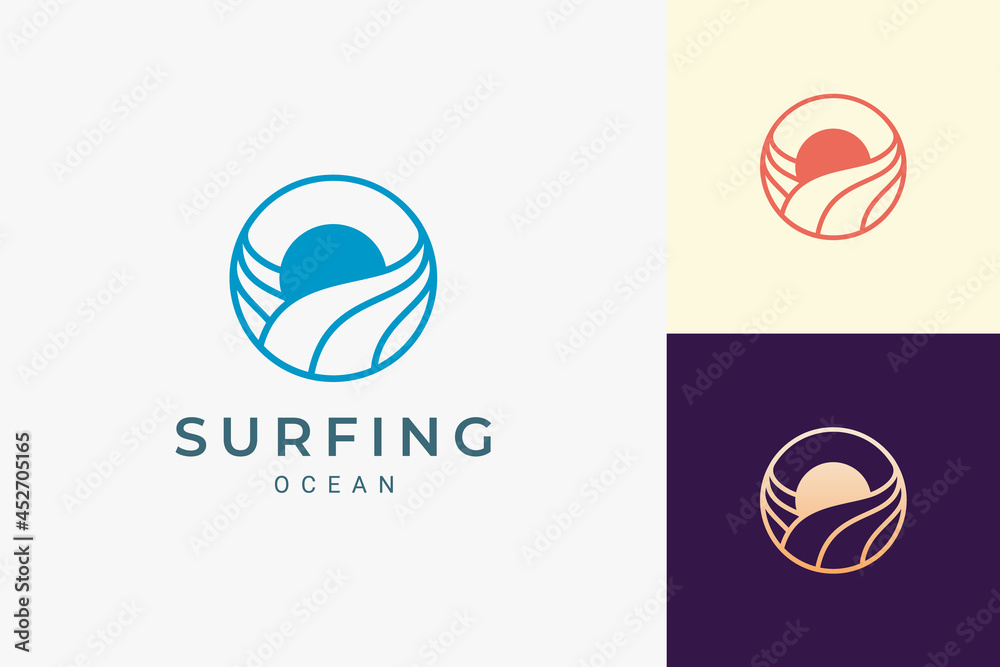 Ocean or water theme logo with waves and sun in circle