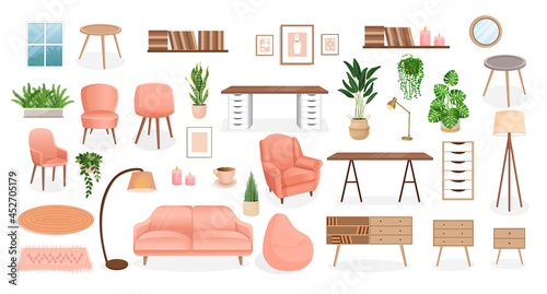 Set of furniture for the bedroom, hallway, living room, office. Collection of items for the interior of an apartment, office, home. Vector illustration in flat cartoon style. Housing elements.