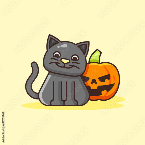 Cute Cat with Halloween Pumpkin Illustration.