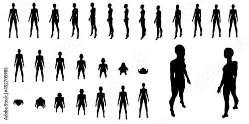 Set with silhouettes of girls in different positions isolated on white background. Vector illustration