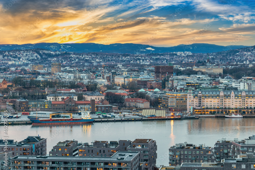 Oslo Norway, sunset city skyline at harbour