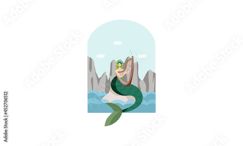 Green hair mermaid on the background of the rocks. Cute Mermaid with harp sits on the rock and sings a song, for, children books, cards.