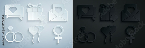 Set Balloons in form of heart, Envelope with, Wedding rings, Female gender symbol, Gift box and and Like icon. Vector