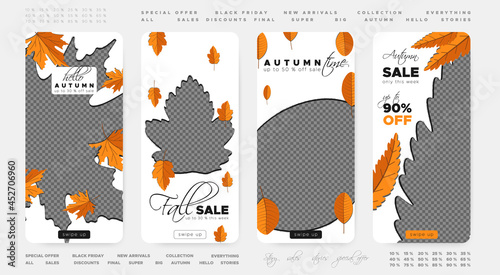 Autumn Discount Wallpapers. Orange Foliage Fall Frame. Season Leaf Backgrounds. Vector Set of Autumn Story Pattern.