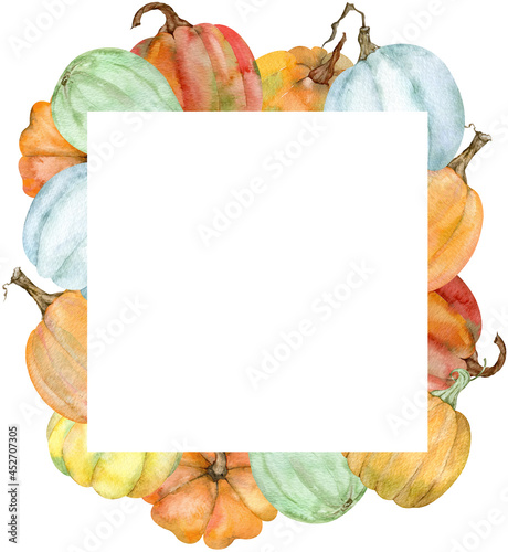 Watercolor square frame with colorful pumpkins. Botanical autumn illustration. Thankgiving and fall template
