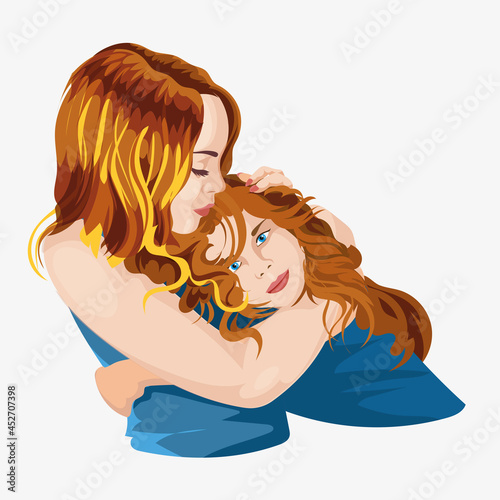 Mom hugs her daughter. Young blonde mother and her daughter. Emotions of love.Mothers day.Woman with her daughter. Hugs. Vector image on an isolated white background