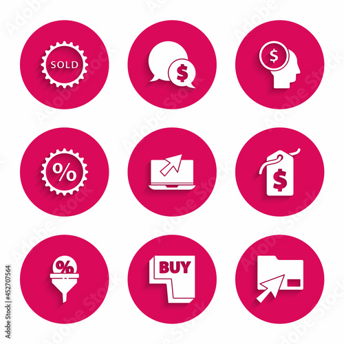 Set Laptop and cursor, Buy button, Cursor click document folder, Price tag with dollar, Lead management, Discount percent, Business planning mind and Sold label icon. Vector