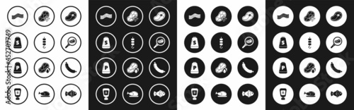 Set Steak meat, Grilled shish kebab on skewer stick, Salt, Bacon stripe, in frying pan, Fresh frozen steak, Sausage and Pepper icon. Vector