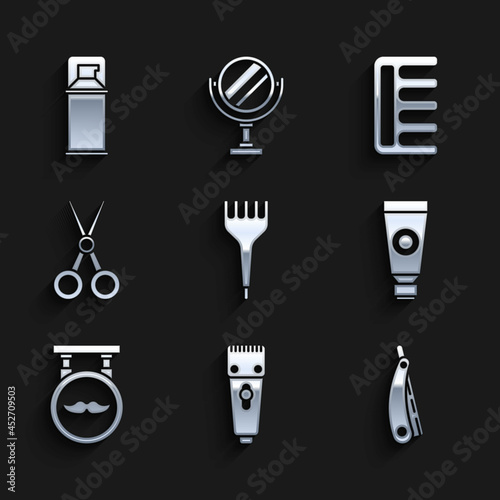 Set Hairbrush, Electrical hair clipper or shaver, Straight razor, Cream lotion cosmetic tube, Barbershop, Scissors hairdresser, and Shaving gel foam icon. Vector