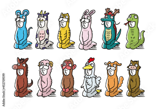 年賀状素材　座る干支の着ぐるみを着た人物