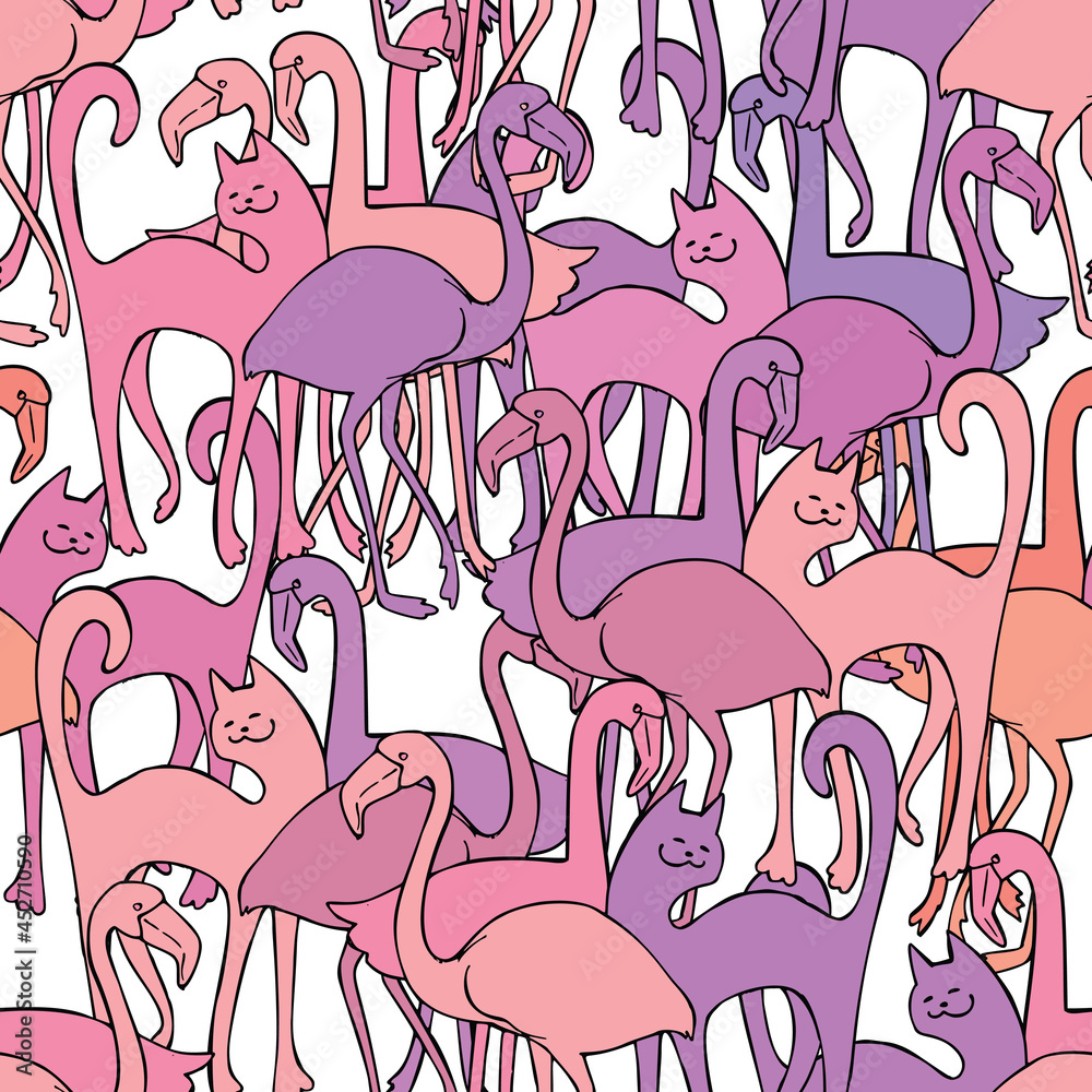 Vector seamless texture with pink flamingos and cats