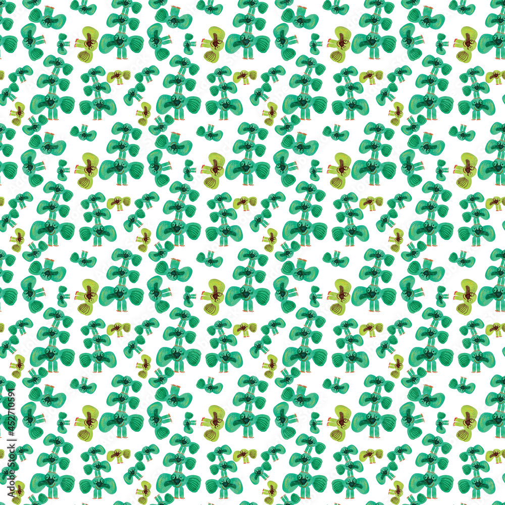 Seamless pattern with watercolour funny green monsters. Repetitive pattern for exemple for textile or wallpaper printing purposes.