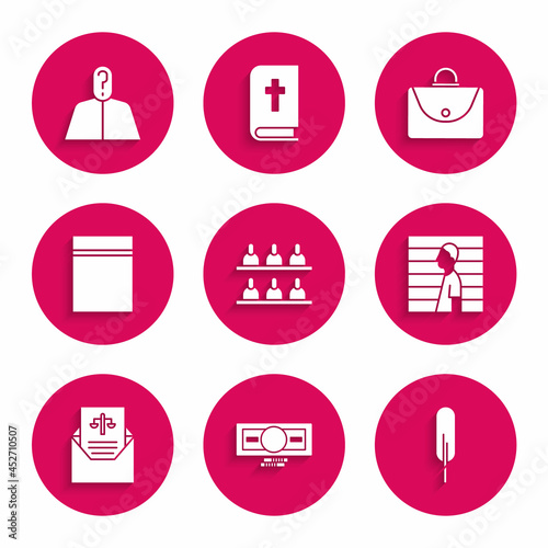 Set Jurors, Stacks paper money cash, Feather pen, Suspect criminal, Subpoena, Plastic bag with ziplock, Briefcase and Anonymous question mark icon. Vector