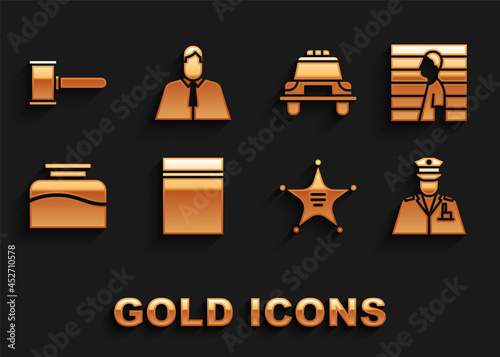 Set Plastic bag with ziplock, Suspect criminal, Police officer, Hexagram sheriff, Inkwell, car and flasher, Judge gavel and Lawyer, attorney, jurist icon. Vector