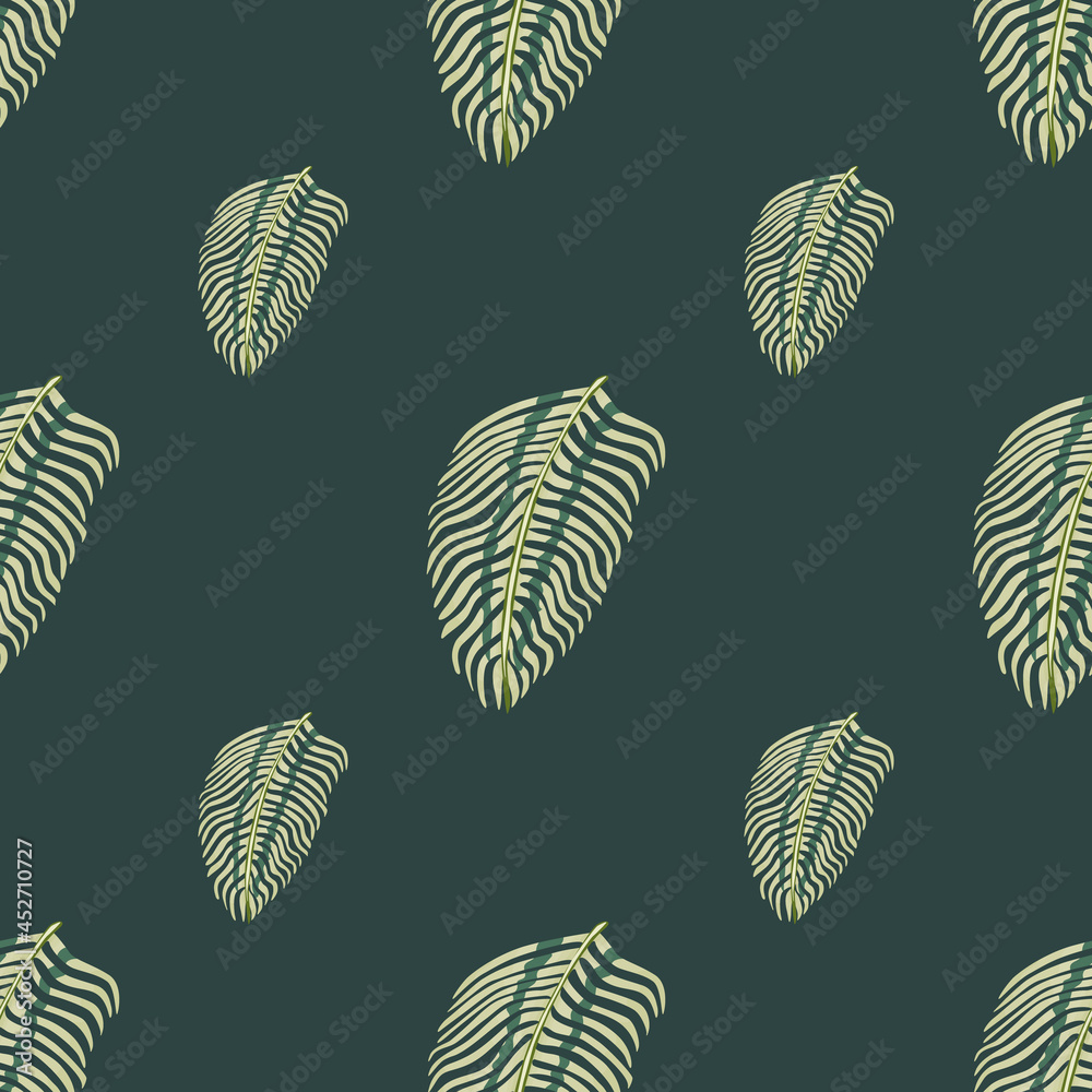 Minimalistic style seamless doodle pattern with simple fern leaves ornament. Dark grey background.