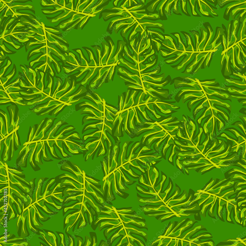 Abstract jungle seamless pattern with doodle monstera leaf elements. Green colored random greenery print.