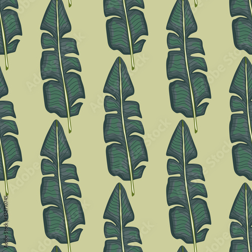 Botany jungle seamless pattern with pale blue palm leaves ornament. Beige background. Doodle style.