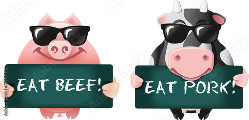Grafik niedliches Schwein mit Schild Eat beef und Kuh mit Schild Eat Pork
