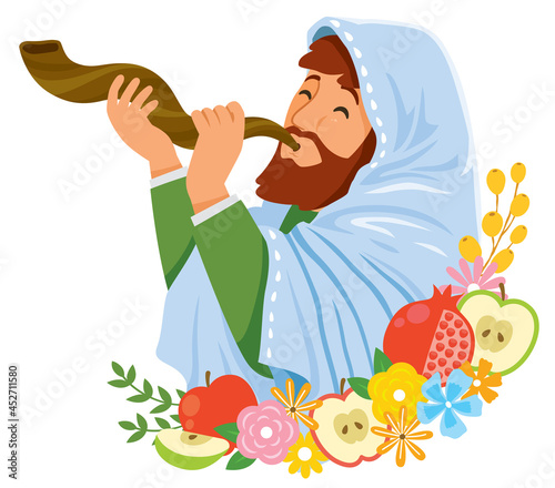Celebrating Rosh Hashanah. Jewish man blowing the shofar on the Jewish New Year.