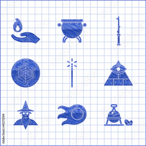 Set Magic wand, Fireball, Witch cauldron magic stone, Masons, Wizard warlock, Spider web, and Hand holding fire icon. Vector