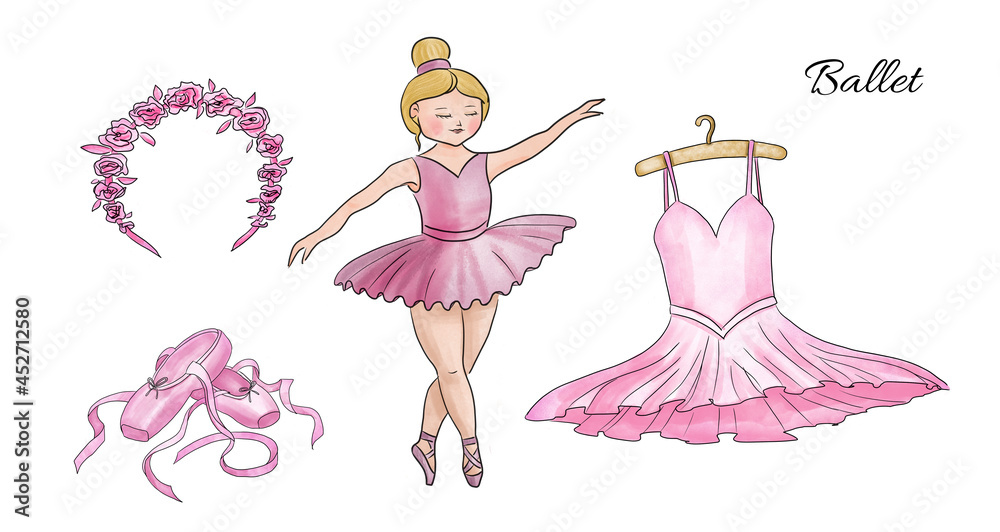 Watercolor hand painted Ballet set. Little Girl Dancer in pink dress