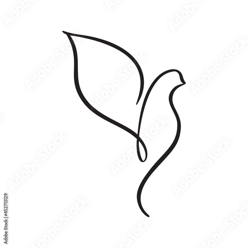 Continuous one line drawing dove bird. Flying pigeon logo. Black and white vector illustration. Concept for icon, card, banner, poster, flyer