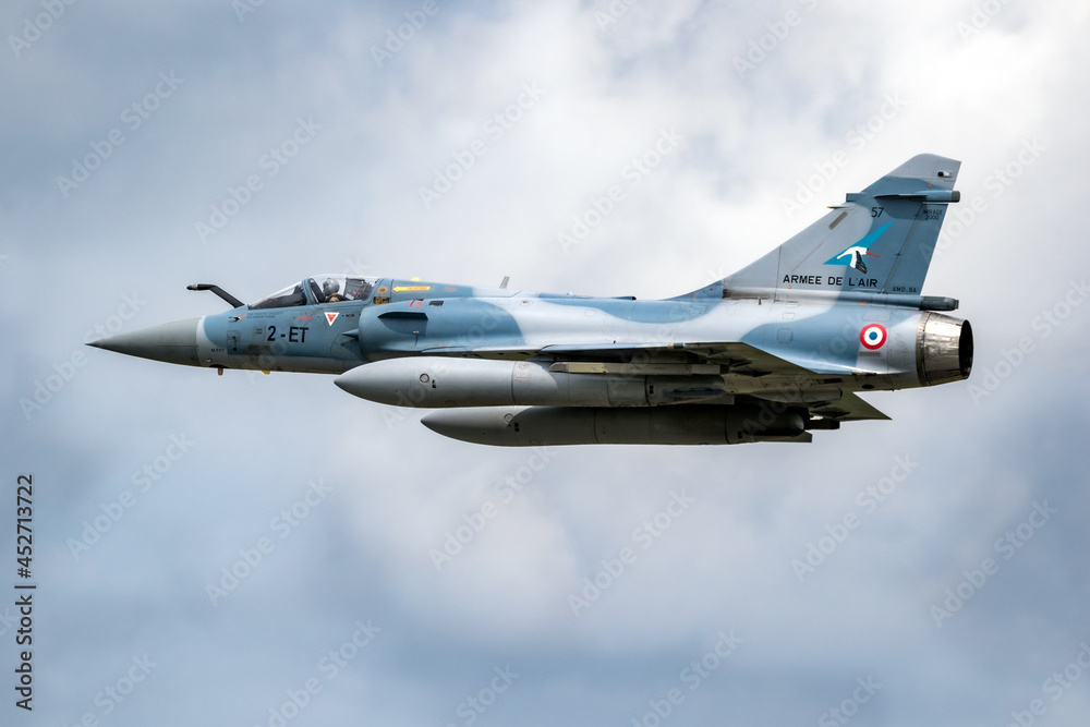 French Air Force Dassault Mirage 2000 fighter jet plane in flight over ...