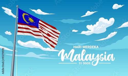 Vector illustration, Malaysian flag fluttering against a blue sky background, with the text "Hari Merdeka Malaysia, 31 Ogos", which means Happy Malaysian Independence Day, 31 August.