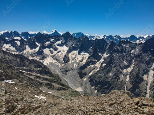Aerial view of Europes highest skiable glacier at les 2 Alpes in the French Alps during summertime