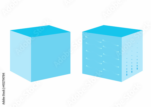 A pouf in the shape of a cube. Isometric style. Flat style. Isolated vector illustration. Fashion illustration. Contemporary home decor. Living room interior, photo studio. Model. White background.