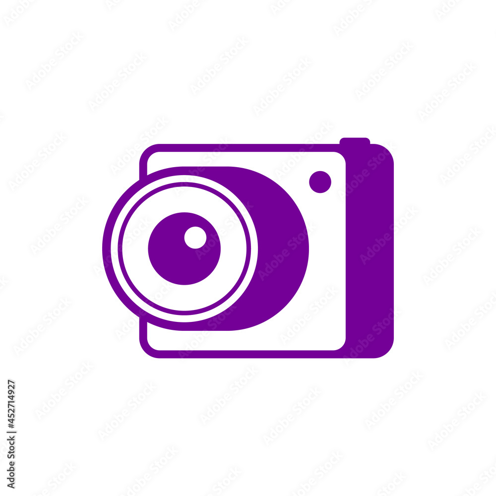 Purple camera icon. Vector illustration on blank background. 